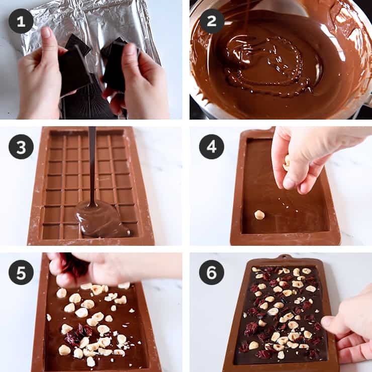 Fotos paso a paso de cómo hacer una tableta de chocolate con avellanas y fruta seca