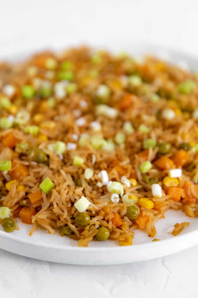 Foto de perfil de un plato de arroz chino vegano