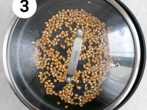 Granos de maíz en una sartén con aceite tapada con una tapa transparente.