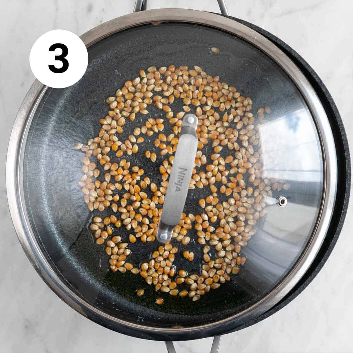 Granos de maíz en una sartén con aceite tapada con una tapa transparente.
