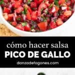 Bol de salsa pico de gallo en plato blanco con nachos alrededor y foto de ingredientes.