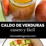 Caldo de verduras casero en un tarro con verduras alrededor.