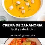 Dos cuencos con crema de zanahoria con picatostes, aceite de oliva y cebollino.
