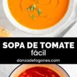 Sopa de tomate en un bol decorada con albahaca y un chorrito de aceite.