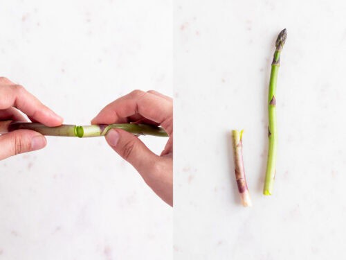 Manos troceando un espárrago.