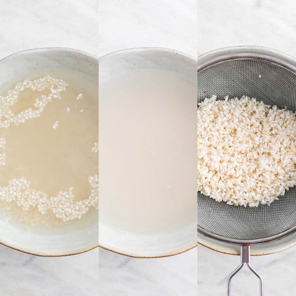 Arroz en remojo y luego en un colador.