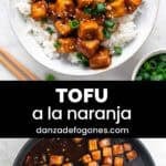 Plato con tofu a la naranja y arroz con semillas de sésamo y cebolleta.