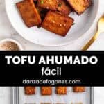 Tofu ahumado en un plato y en una bandeja de horno.