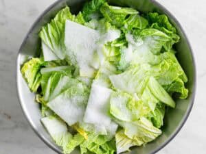 Col troceada en un bol con sal por encima