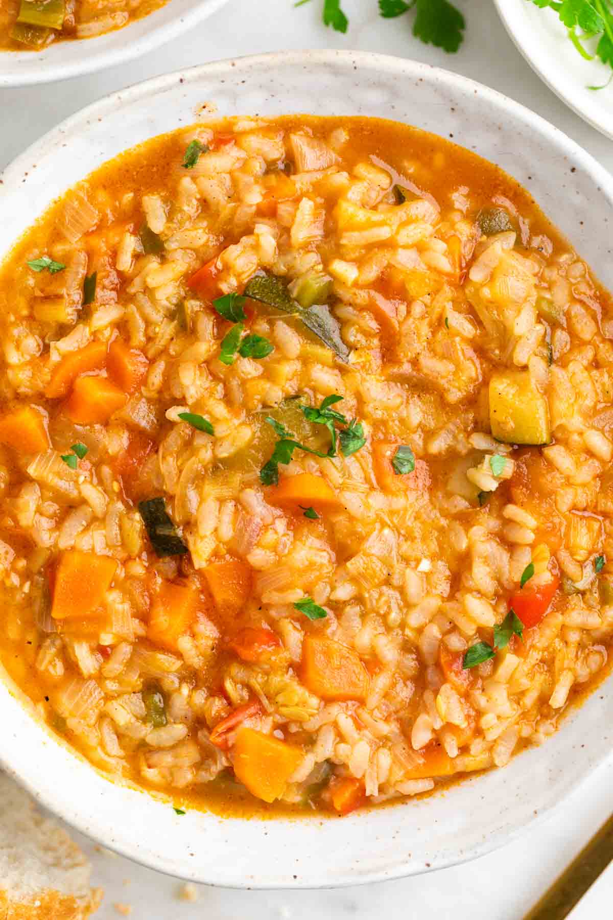 Plato de arroz caldoso con verduras decorado con perejil.