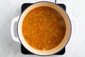 Sofrito, arroz y caldo en una olla.